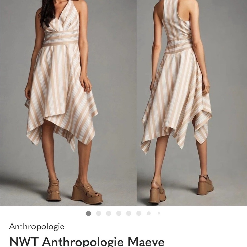 Maeve Striped Halter Asymmetrical Handkerchief-Hem Dress in Beige and White